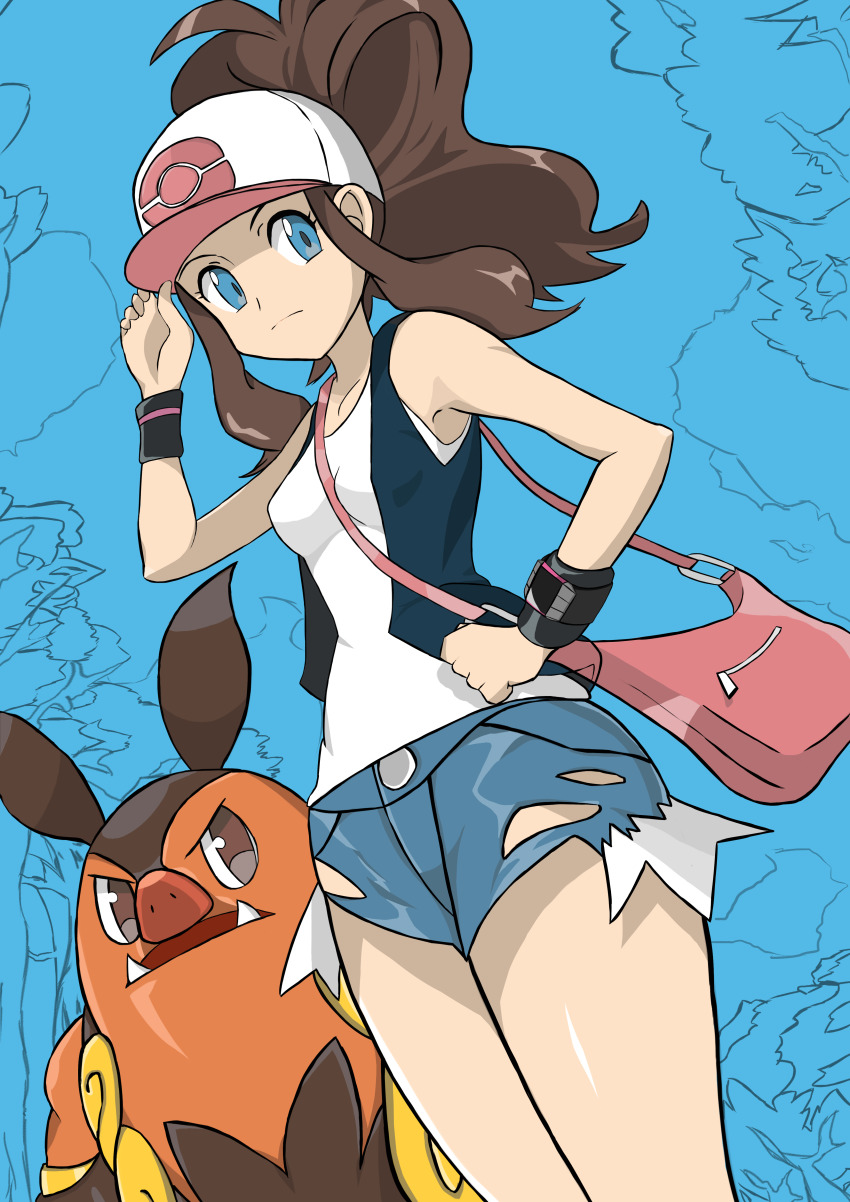 1girl, absurdres, bag, baseball_cap, black_vest, blue_background, blue_eyes, brown_hair, cutoffs, denim, denim_shorts, exposed_pocket, frown, gen_5_pokemon, hand_on_headwear, hand_on_own_hip, hat, high_ponytail, highres, hilda_(pokemon), kebab_(blackdoll), long_hair, looking_at_viewer, nintendo, pignite, pokemon, pokemon_black_and_white, ponytail, shiny_skin, shirt, short_shorts, shorts, shoulder_bag, sidelocks, sleeveless, sleeveless_shirt, standing, tank_top, very_long_hair, vest, white_shirt, wristband