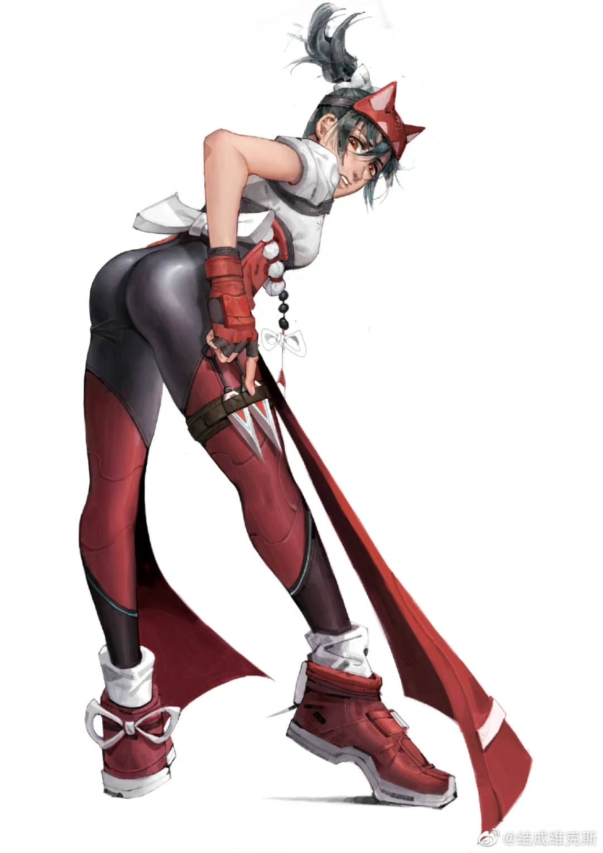 1girl, ass, black_gloves, bow, brown_eyes, fingerless_gloves, full_body, gloves, green_hair, hair_bow, hakama, hakama_skirt, high-waist_pants, highres, holding, holding_weapon, japanese_clothes, kimono, kiriko_(overwatch), kunai, leaning_forward, looking_at_viewer, mask, medium_hair, overwatch, overwatch_2, pants, parted_lips, red_footwear, shizhen36, short_sleeves, simple_background, skin_tight, skirt, solo, standing, teeth, weapon, white_background, white_bow, white_kimono