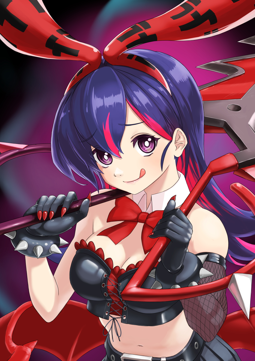 1girl, absurdres, belt, black_gloves, black_skirt, blue_hair, bow, bowtie