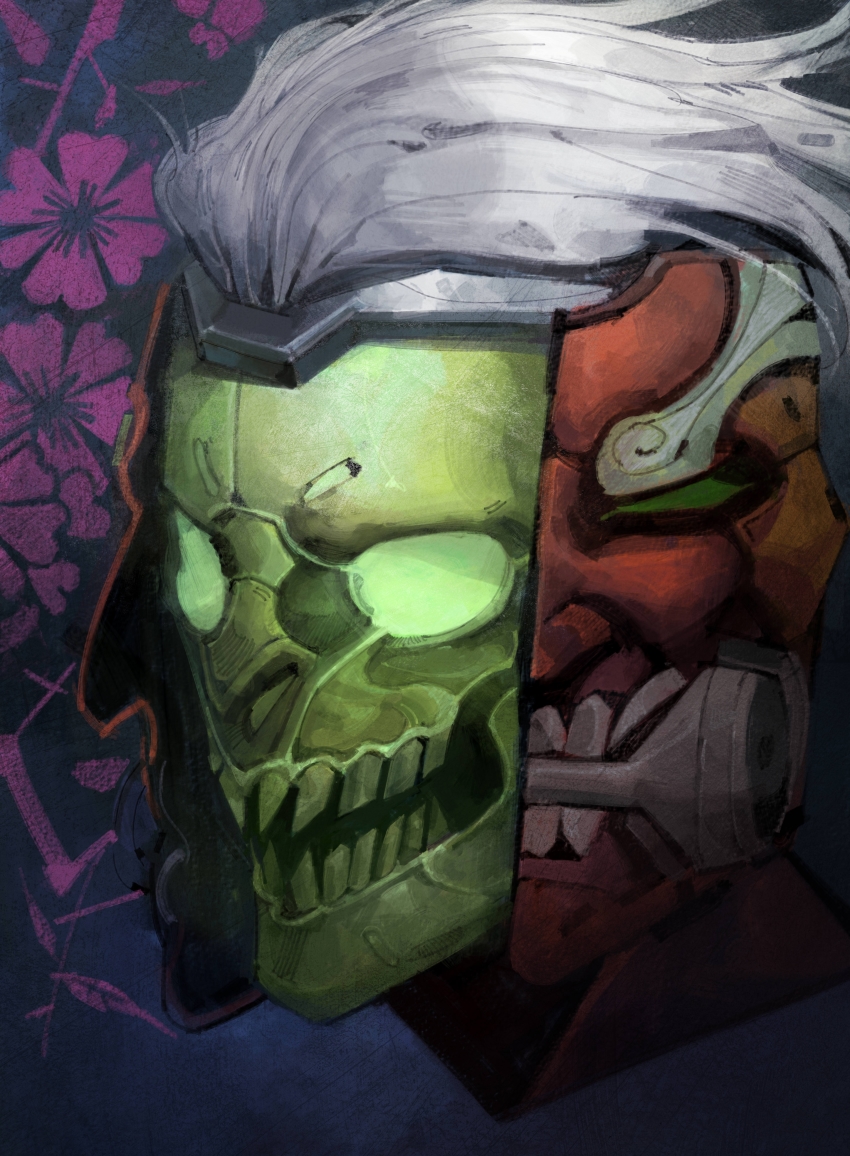 1boy, absurdres, cyborg, genji_(overwatch), glowing, glowing_eyes, highres, mask