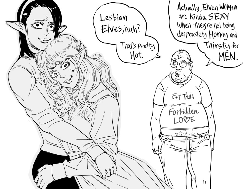 1boy, 2girls, absurdres, bb_(baalbuddy), black_hair, button_up_skirt, collared_shirt, elf