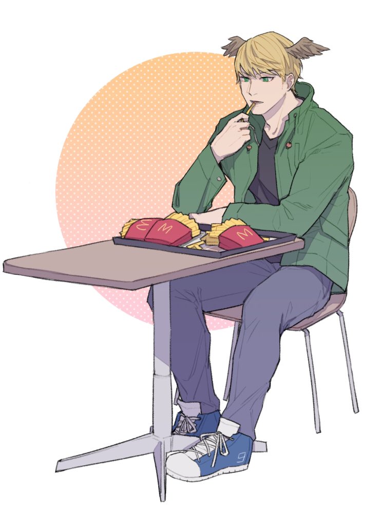 1boy, black_shirt, blonde_hair, blue_shoes, chair, contemporary, denim, eating
