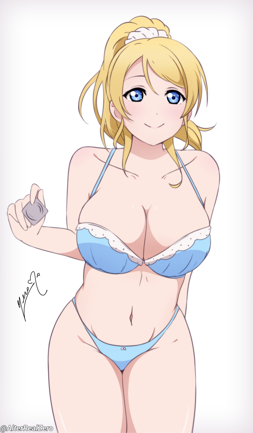 1girl, absurdres, alter_real_zero, artist_name, ayase_eli, bare_shoulders, blonde_hair, blue_bra