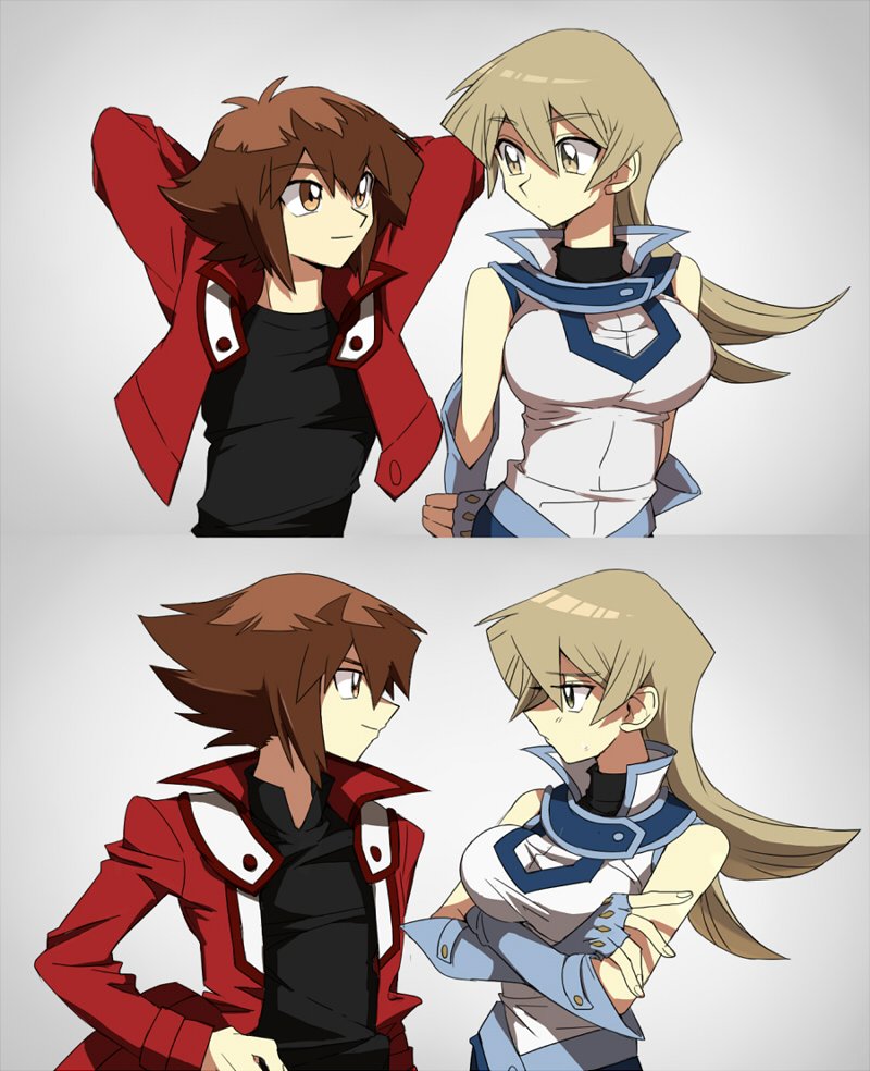 1boy, 1girl, arms_behind_back, arms_behind_head, black_shirt, blonde_hair, blue_gloves, breasts, brown_eyes, brown_hair, crossed_arms, elbow_gloves, fingerless_gloves, gloves, height_difference, hand_on_own_arm, jacket, large_breasts, long_hair, matsuhago, multicolored_hair, open_clothes, open_jacket, red_jacket, shirt, sleeveless, sleeveless_jacket, spiked_hair, tenjouin_asuka, turtleneck, two-tone_hair, white_jacket, yu-gi-oh!, yu-gi-oh!_gx, yuki_judai