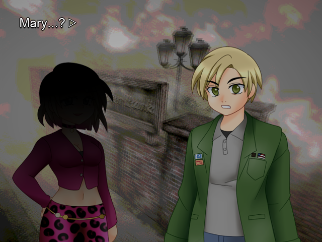 1boy, 1girl, animal_print, arm_behind_back, blonde_hair, breasts, choker, claud_(potetew), cleavage, commentary, english_commentary, english_text, fake_screenshot, green_eyes, green_jacket, grey_shirt, jacket, james_sunderland, lamppost, leopard_print, long_sleeves, maria_(silent_hill), medium_breasts, navel, parody, pink_skirt, ryukishi07_(style), shirt, short_hair, silent_hill_(series), silent_hill_2, silhouette, skirt, style_parody