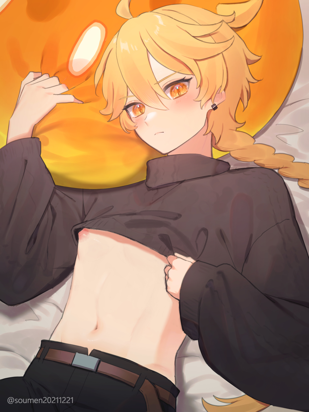 1boy, aether_(genshin_impact), ahoge, belt, black_pants, black_shirt, black_sweater, blonde_hair