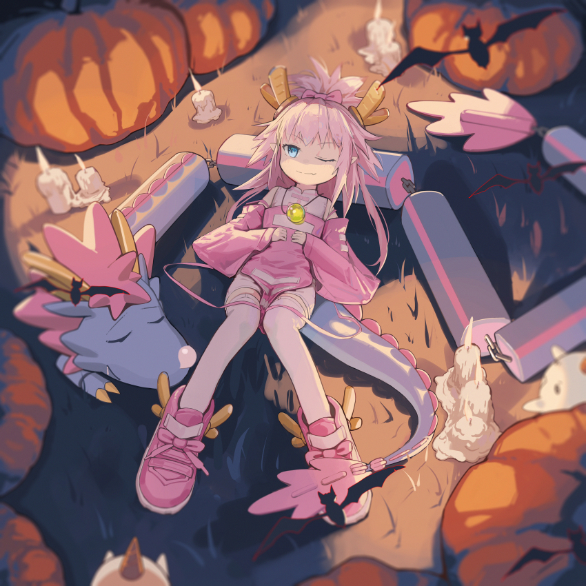 1girl, absurdres, bat_(animal), blue_eyes, bow, candle, dragon_tail, elizabeth_bathory_(fate), fate/grand_order, fate_(series), hair_bow, highres, horns, jewelry, eliza_the_nine-tattooed_dragon_(fate), lying, on_back, one_eye_closed, pendant, pink_hair, pointy_ears, pumpkin, sleeping, tail, thighhighs, ts-ix, wide_sleeves