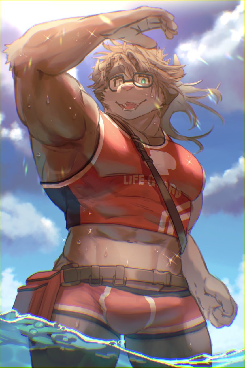 1boy, abs, animal_ears, animal_nose, arm_up, bara, belt, belt_pouch