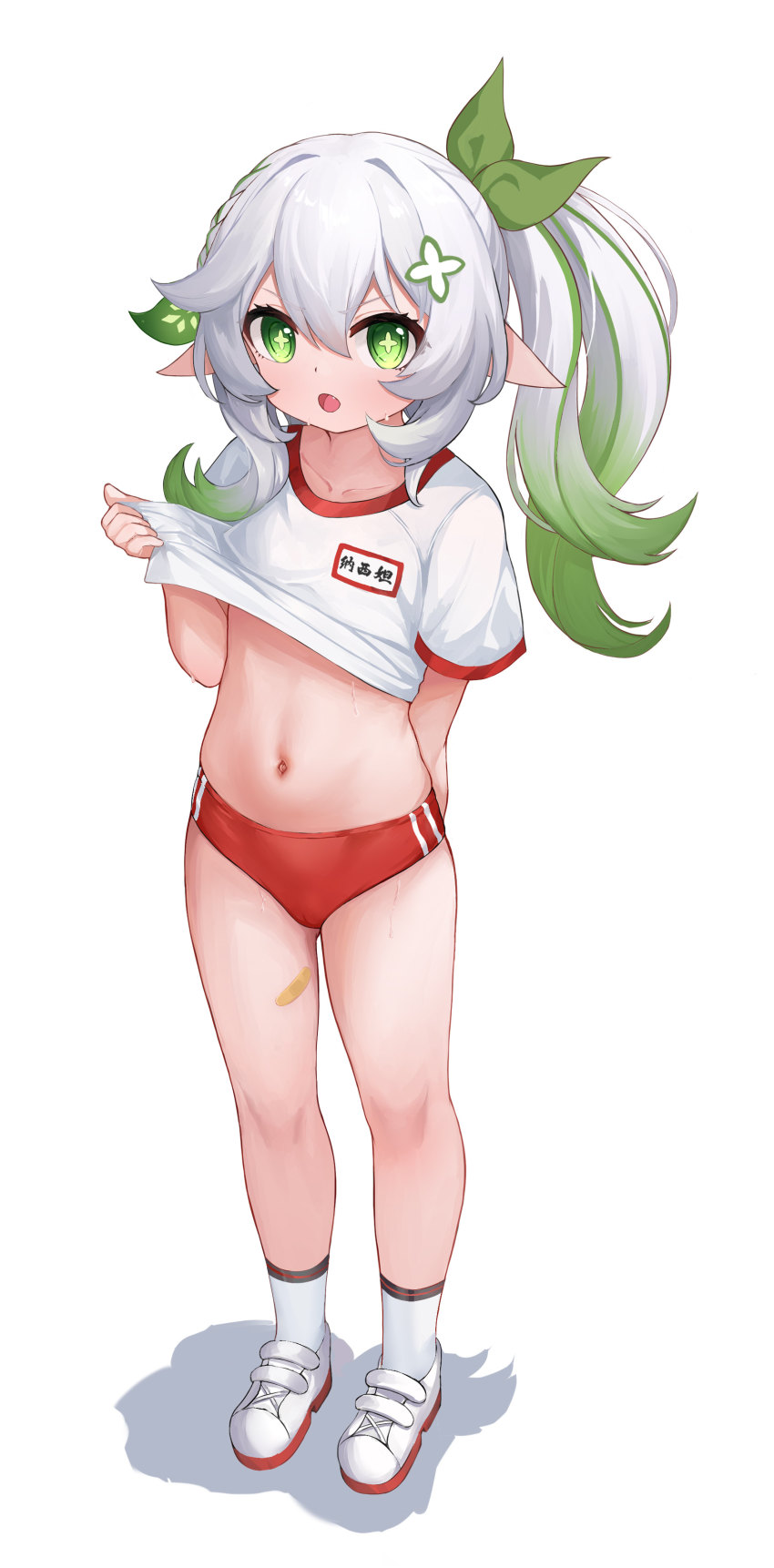 1girl, absurdres, alternate_costume, bandaid, blush, buruma, clothes_lift, collarbone, cross-shaped_pupils, flat_chest, full_body, genshin_impact, gradient_hair, green_eyes, green_hair, green_ribbon, gym_shirt, gym_uniform, hair_between_eyes, hair_ornament, hair_ribbon, highres, jinfengkaze, lifting_own_clothes, loli, long_hair, looking_at_viewer, multicolored_hair, nahida_(genshin_impact), name_tag, navel, open_mouth, pointy_ears, ponytail, red_buruma, ribbon, shirt, shirt_lift, shoes, short_sleeves, side_ponytail, simple_background, smile, socks, solo, standing, stomach, sweat, symbol-shaped_pupils, thighs, white_background, white_hair, white_shirt, white_shoes
