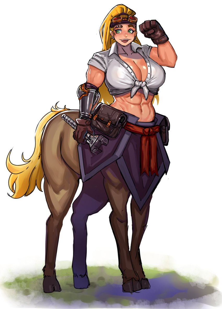1girl, :d, abs, absurdres, belt_pouch, blacksmith, blonde_hair, breasts