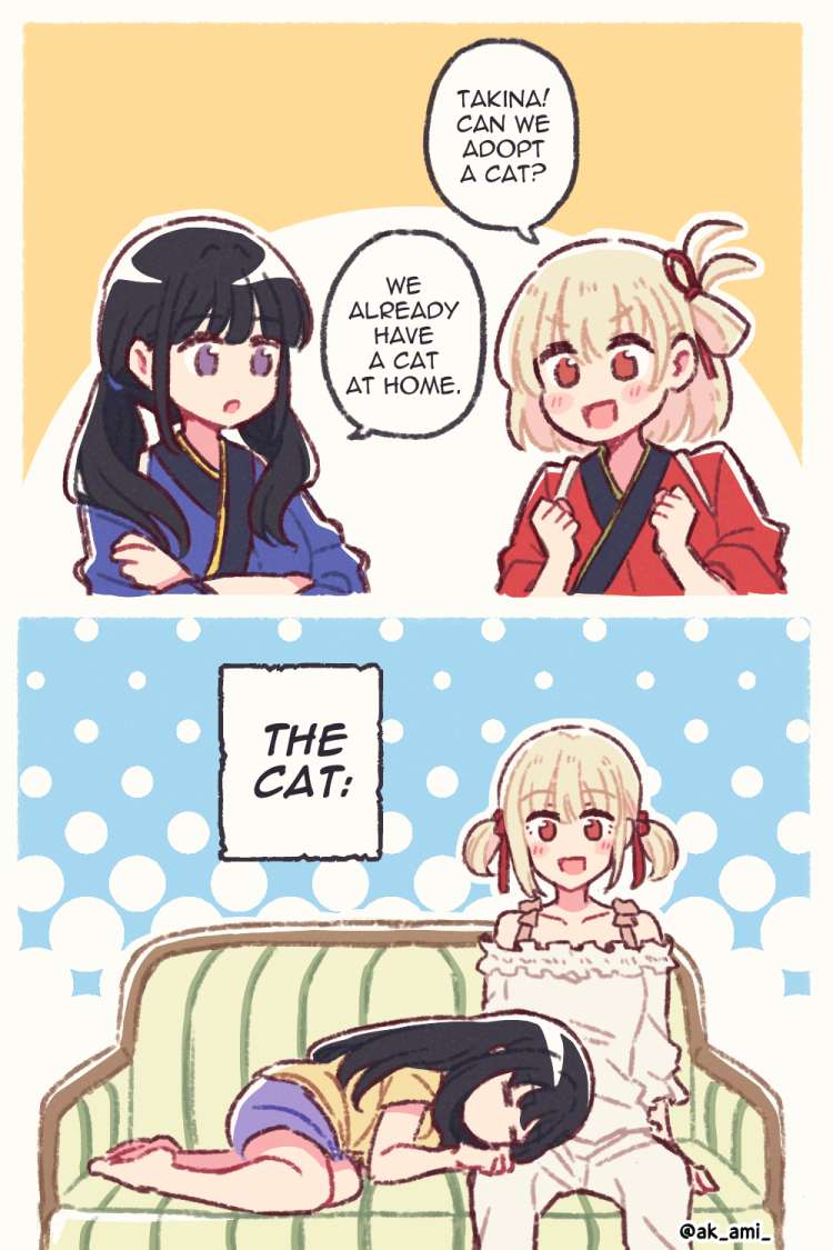 2girls, 2koma, :d, :o, =_=, akamirai, arms_at_sides, bare_shoulders, barefoot, black_hair, blonde_hair, blue_kimono, blush, border, clenched_hands, closed_eyes, collarbone, comic, commentary, couch, crossed_arms, english_commentary, english_text, frilled_shirt, frills, hair_ribbon, hands_up, inoue_takina, japanese_clothes, kimono, lap_pillow, long_hair, long_sleeves, looking_at_another, looking_at_viewer, low_twintails, lycoris_recoil, lying, meme, mixed-language_commentary, multiple_girls, nishikigi_chisato, no_mouth, no_pupils, on_couch, on_side, one_side_up, open_mouth, orange_background, orange_eyes, pants, parted_lips, purple_eyes, purple_shorts, red_kimono, red_ribbon, ribbon, shirt, short_hair, short_sleeves, short_twintails, shorts, sidelocks, sitting, sleeping, sleeping_on_person, smile, speech_bubble, tasuki, twintails, twitter_username, two-tone_background, v-shaped_eyebrows, we_have_food_at_home_(meme), white_background, white_border, white_pants, white_shirt, yellow_shirt, yuri