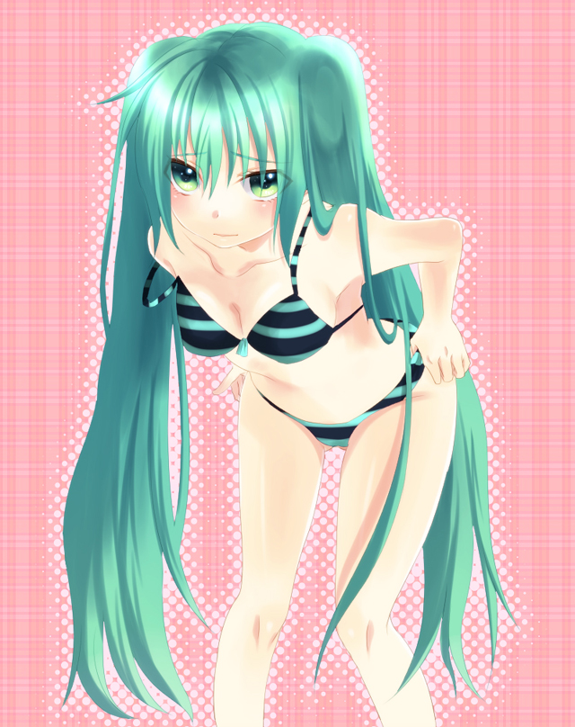 aqua_eyes, aqua_hair, bad_id, bad_pixiv_id, bikini, blush, hatsune_miku, kayaku, leaning_forward, long_hair, solo, strap_slip, striped_bikini, striped_clothes, swimsuit, twintails, very_long_hair, vocaloid