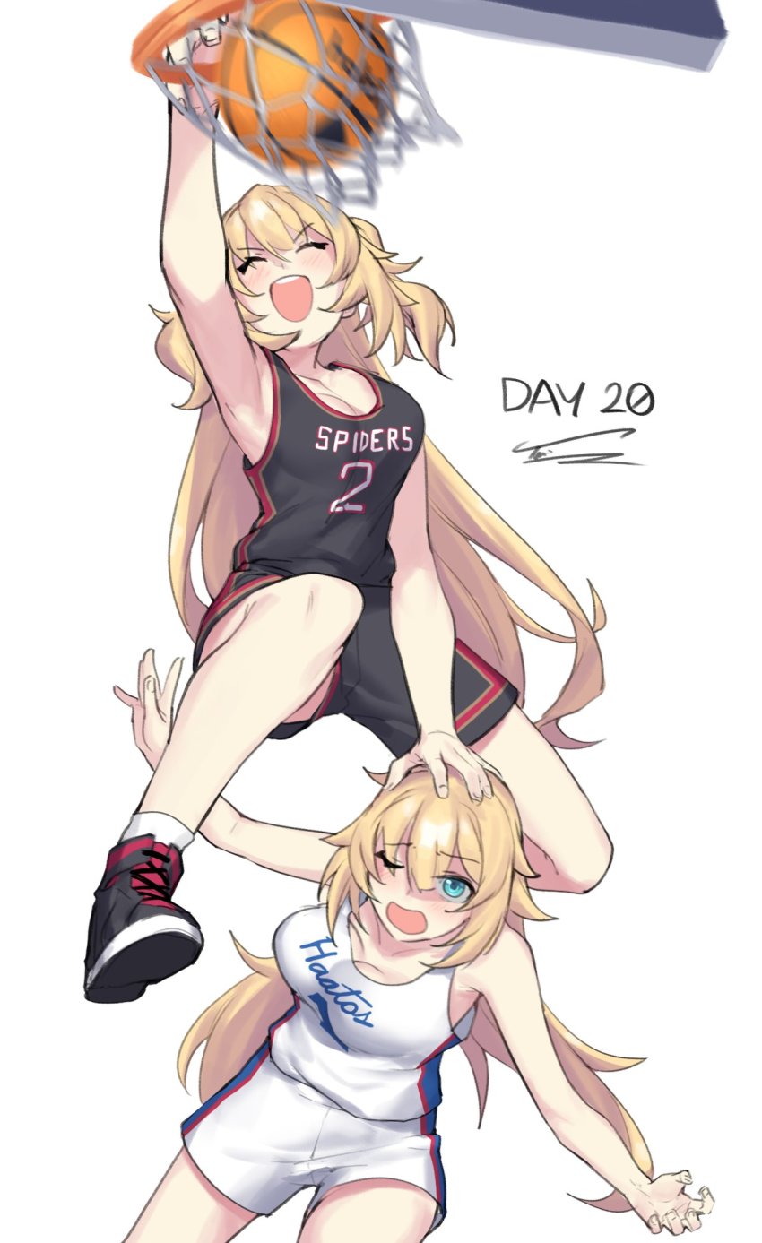 akai_haato, ball, basketball, basketball_(object), basketball_hoop, basketball_uniform, blonde_hair, breasts
