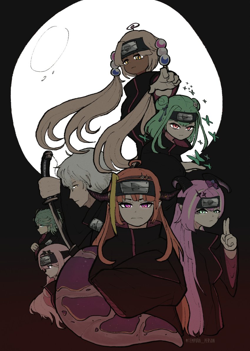 3boys, 4girls, absurdres, ahoge, black_coat, blonde_hair, blue_eyes, bug