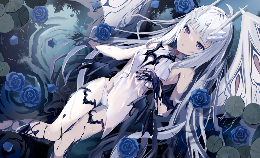 1girl, bare_shoulders, breasts, dragon_wings, dress, fate/grand_order, fate_(series), floating