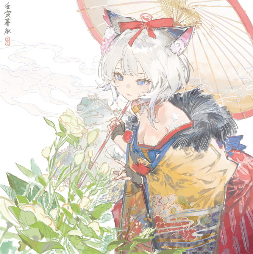 1girl, animal_ear_fluff, animal_ears, black_gloves, blue_eyes, breasts, cat_(masterwork_apocalypse), cleavage