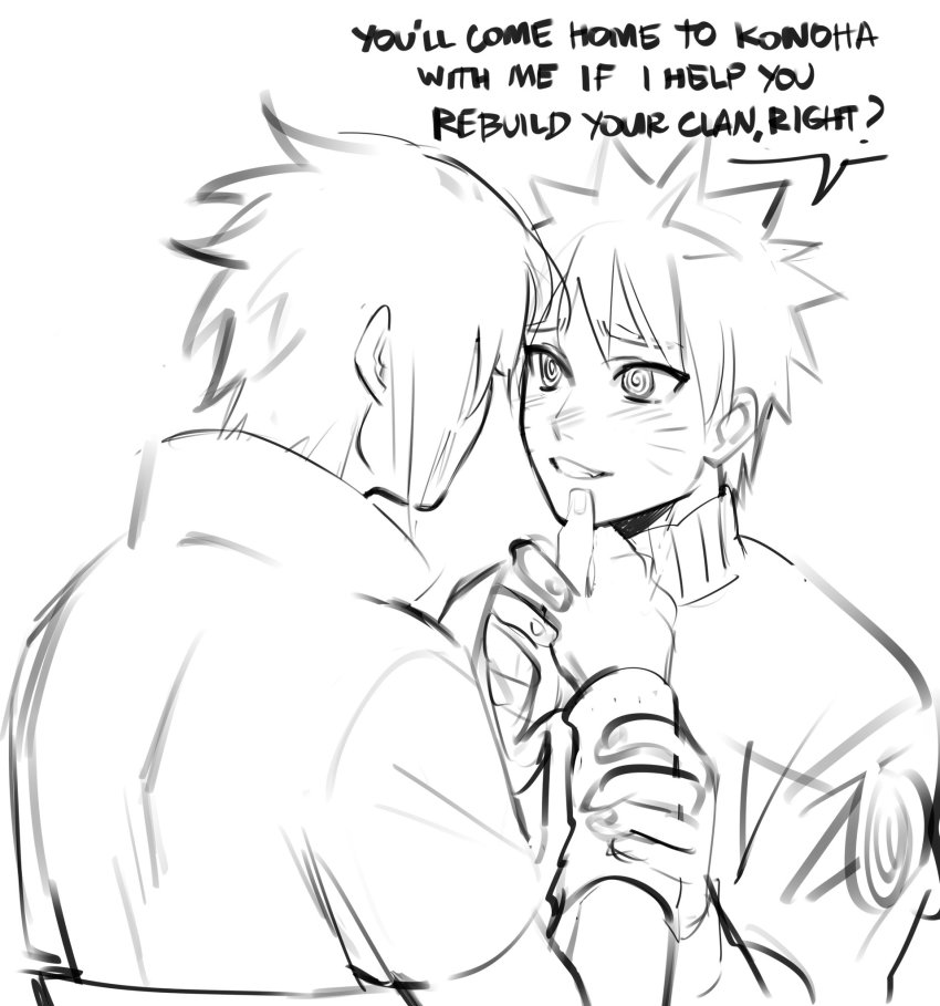 2boys, arm_grab, blush, facial_mark, greyscale, grin, hand_on_another's_chin, highres