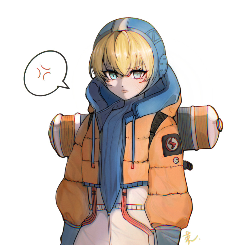 1girl, anger_vein, animification, apex_legends, blonde_hair, blue_eyes, blue_gloves, blue_headwear, blue_sweater, bodysuit, cable, chinese_commentary, facial_scar, frown, gloves, highres, hood, hood_down, hooded_bodysuit, hooded_jacket, jacket, orange_jacket, procreate_(medium), ribbed_sweater, scar, scar_on_cheek, scar_on_face, shengdiyu, solo, speech_bubble, spoken_anger_vein, sweater, upper_body, v-shaped_eyebrows, wattson_(apex_legends), white_bodysuit