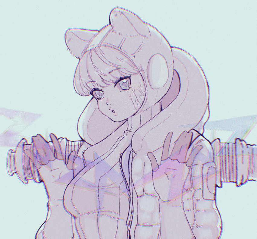 1girl, :o, animal_ears, animification, apex_legends, blue_background, blue_eyes, bodysuit, breasts, chinese_commentary, electricity, facial_scar, highres, hood, hood_down, hooded_bodysuit, hooded_jacket, jacket, looking_at_viewer, medium_breasts, open_hands, open_mouth, ribbed_bodysuit, scar, scar_on_cheek, scar_on_face, shengdiyu, solo, spot_color, wattson_(apex_legends)