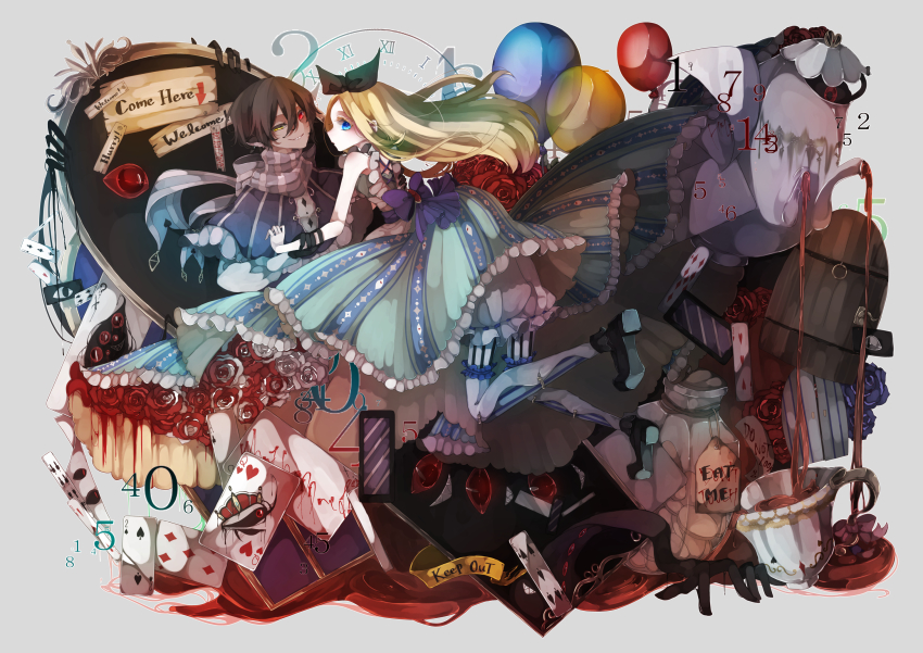 1boy, 1girl, alice_(alice_in_wonderland), alice's_adventures_in_wonderland, ambiguous_red_liquid, animal_ears, aqua_dress, back_bow