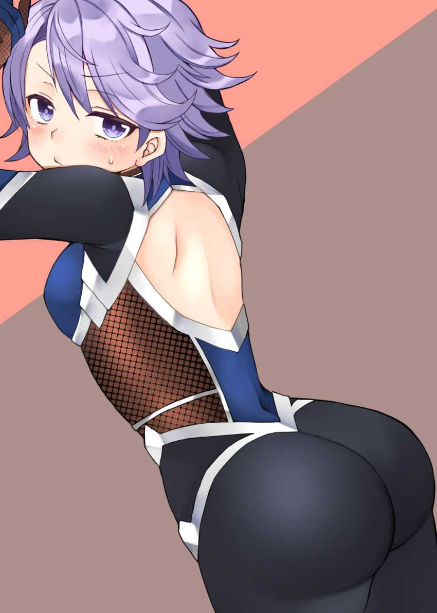 1girl, ass, bare_back, blush, bodysuit, breasts, highres, looking_at_viewer