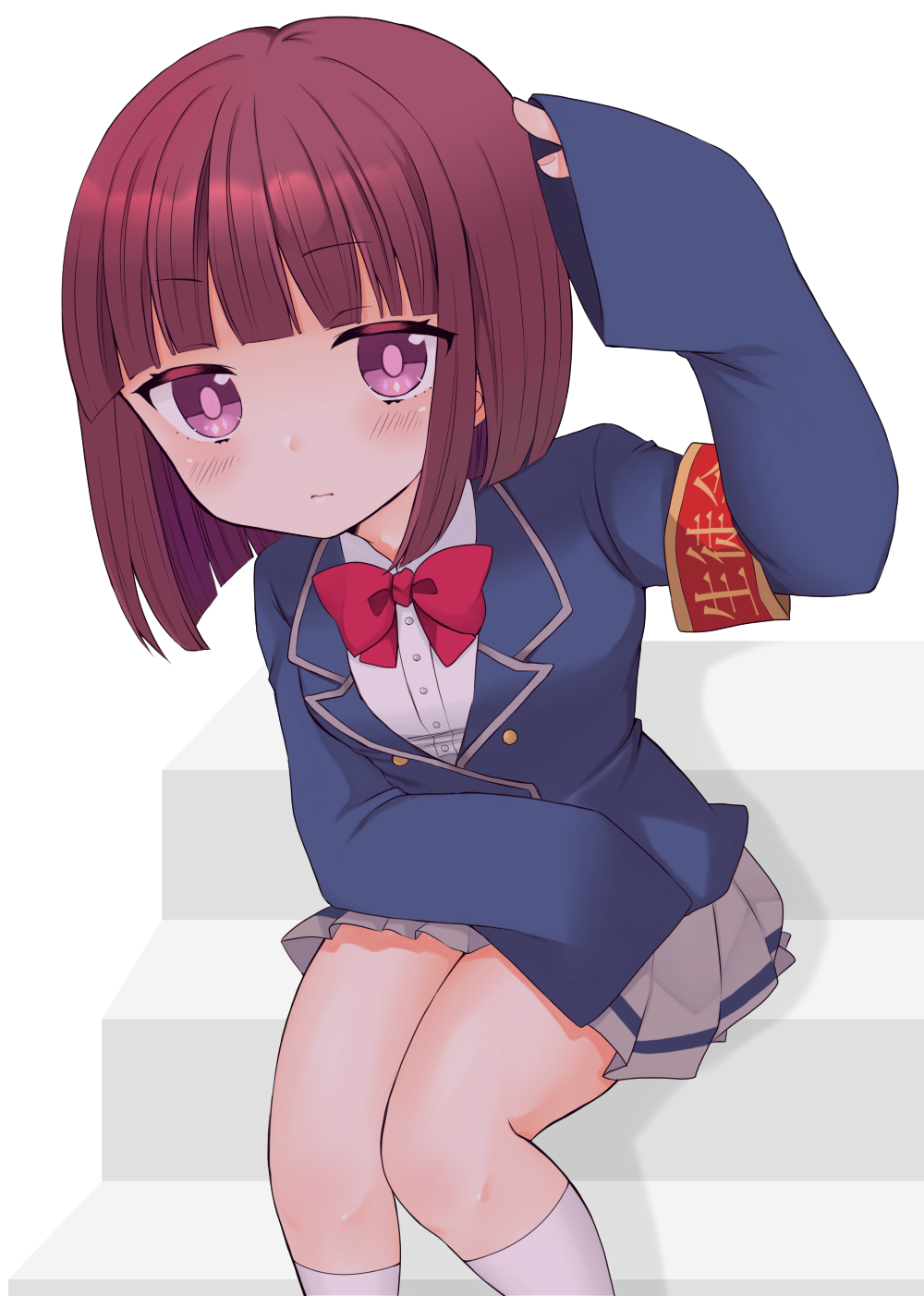 1girl, arm_up, blazer, blunt_bangs, blush, bow, bowtie, collared_shirt, grey_skirt, higashiyama_akisa, highres, jacket, looking_at_viewer, magicami, miniskirt, pleated_skirt, purple_eyes, red_hair, school_uniform, shirt, short_hair, sitting, skirt, socks, tukasa080t, very_long_sleeves, white_background, white_shirt, white_socks