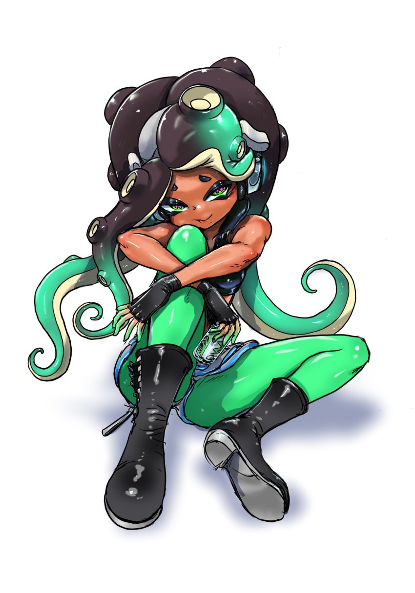 1girl, ass, bare_shoulders, boots, breasts, dark-skinned_female, dark_skin, fingerless_gloves, gloves, green_eyes, highres, koharu2.5, marina_(splatoon), nintendo, octoling, sitting, sleeveles, splatoon_(series), splatoon_2, tentacles