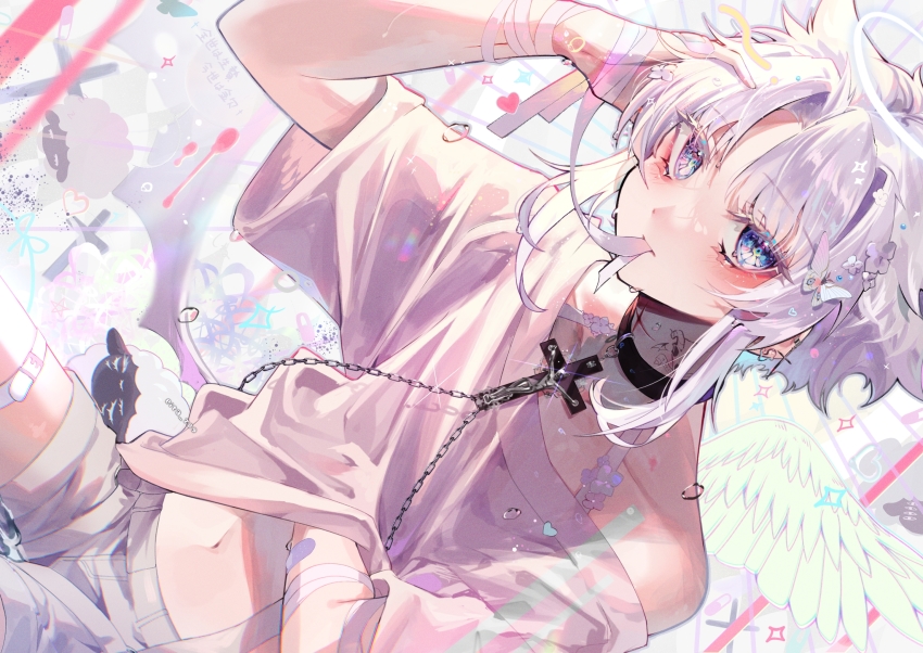 1boy, aegyo_sal, angel, angel_wings, artist_name, bandaged_hand, bandages, bandaid, black_collar, blue_eyes, butterfly_hair_ornament, chain, collar, collarbone, colored_eyelashes, commentary, cross, dutch_angle, ear_piercing, earrings, eita_789, flower, fumi_(eita_789), glint, grey_shorts, hair_flower, hair_ornament, halo, hand_in_own_hair, hand_up, heart, highres, jewelry, latin_cross, looking_at_viewer, male_focus, mouth_hold, multicolored_eyes, navel, neck_tattoo, off_shoulder, original, oversized_clothes, parted_bangs, piercing, pink_shirt, scratching_stomach, sheep, shirt, short_sleeves, shorts, sidelocks, single_bare_shoulder, tattoo, translation_request, trap, water_drop, wet, wet_hair, white_flower, white_hair, wide_sleeves, wings, yami_kawaii