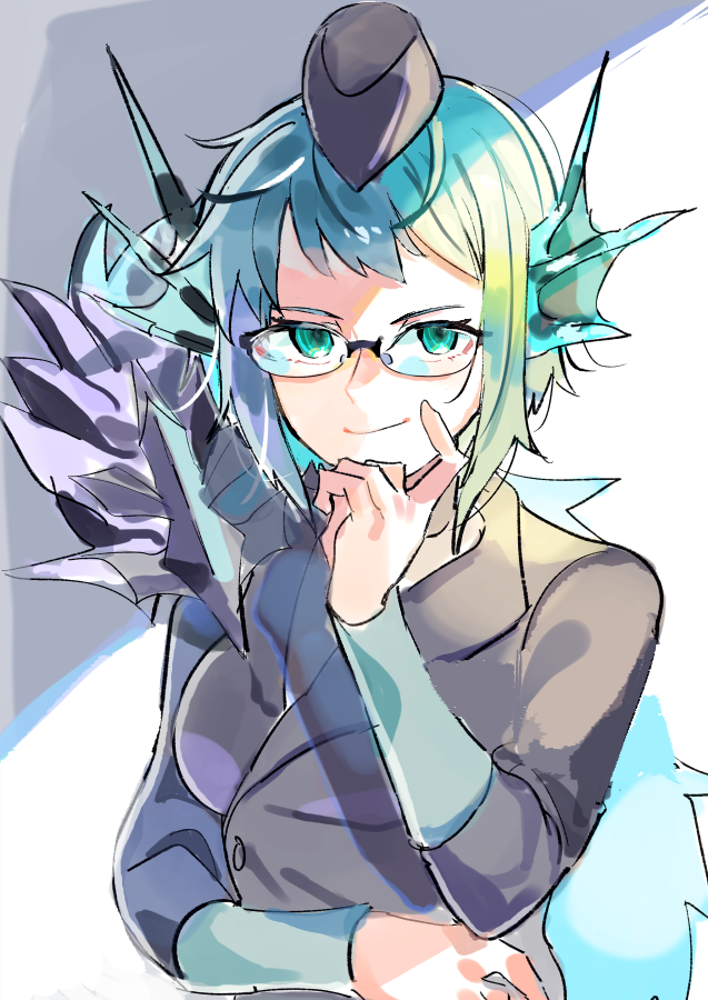 1girl, aqua_hair, breasts, formal_clothes, glasses, green_eyes, green_hair, hand_up