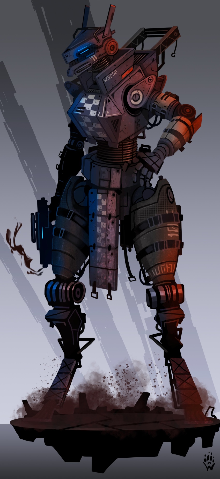 absurdres, blue_eyes, glowing, glowing_eye, gun, hand_on_own_hip, highres, holding, holding_gun, holding_weapon, humanoid_robot, mrvn, robot, science_fiction, smoke, smoking_barrel, spectre_(titanfall), standing, titanfall_(series), titanfall_2, weapon, wolfdawg_art