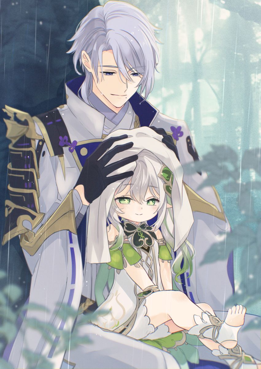 1boy, 1girl, blue_eyes, blue_hair, blush, feet, genshin_impact, gloves