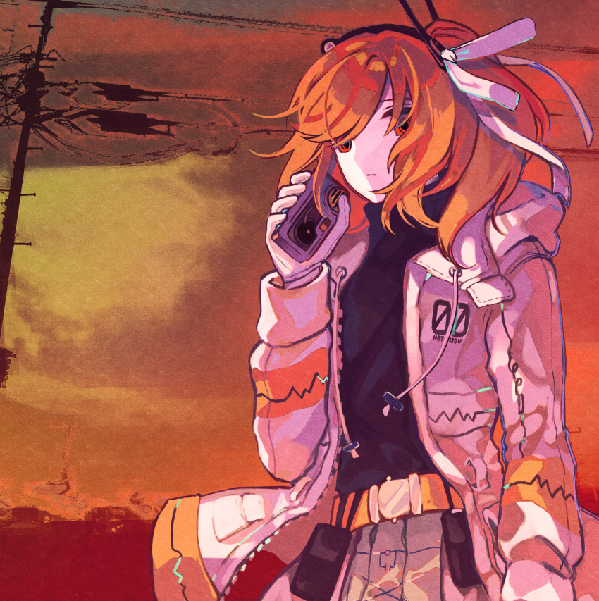 1girl, absurdres, adachi_rei, android, beekan, belt, black_headband, black_shirt