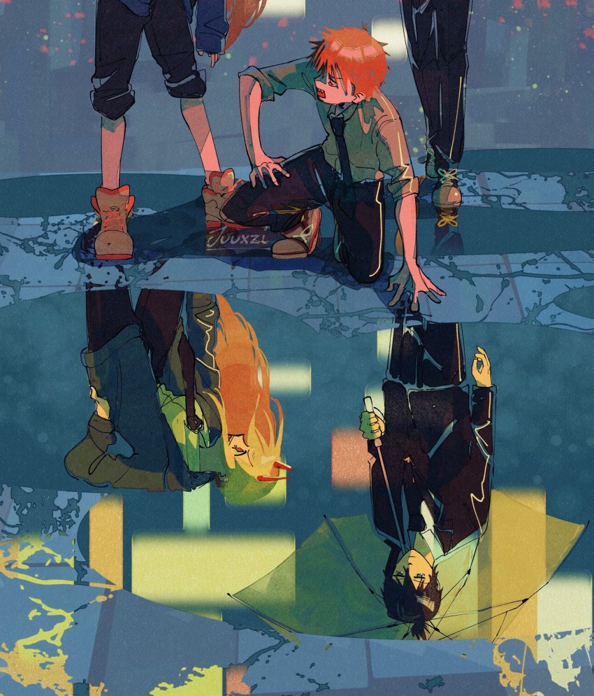 1girl, 2boys, artist_name, black_hair, black_necktie, blonde_hair, blue_jacket, chainsaw_man