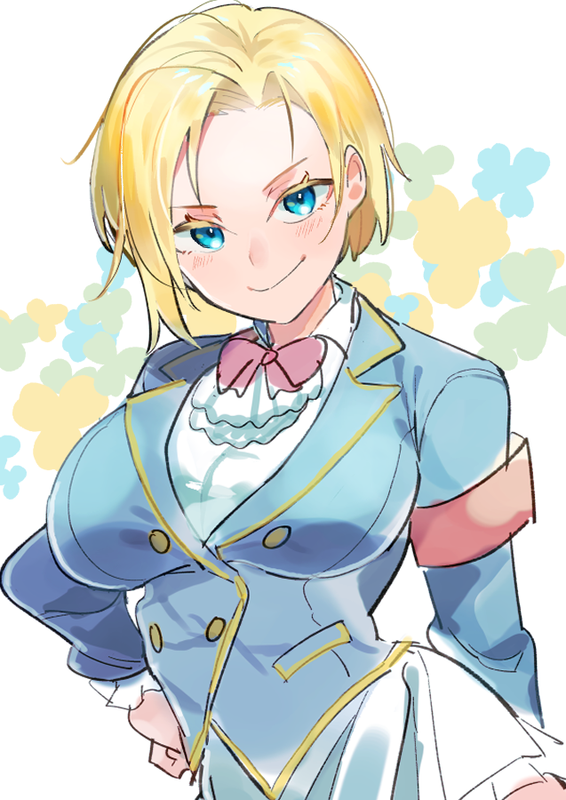 1girl, armband, blazer, blonde_hair, blue_eyes, blush, bow, bowtie