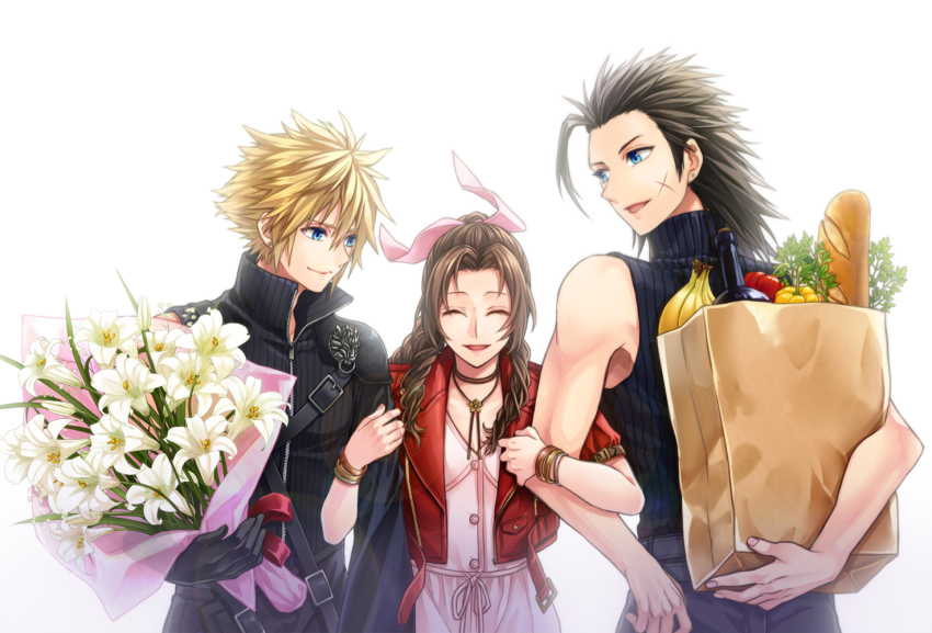 1girl, 2boys, aerith_gainsborough, armor, bag, banana, bangle, bare_arms