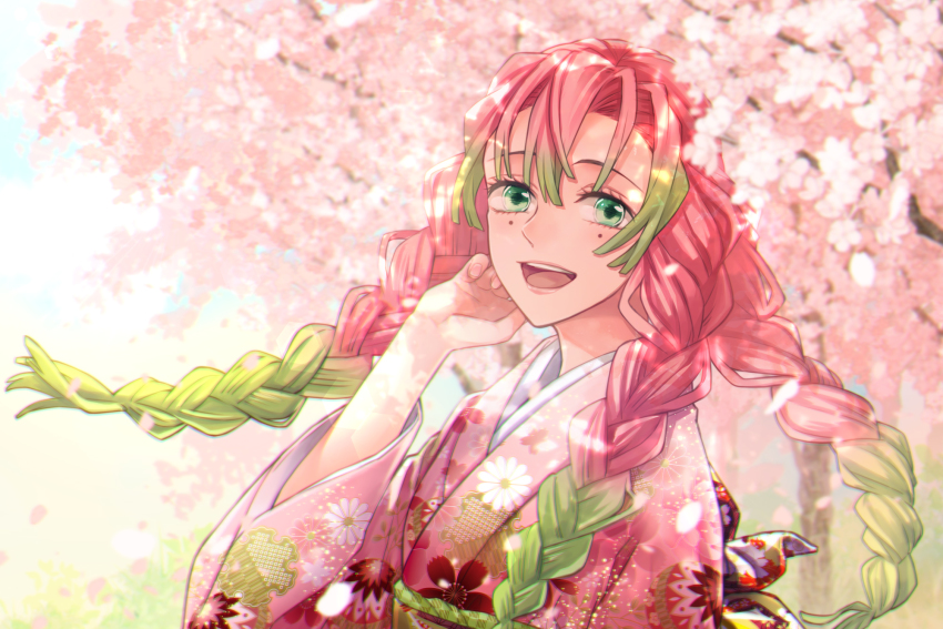 1girl, braid, cherry_blossoms, falling_petals, floral_print, gradient_hair, green_eyes, green_hair