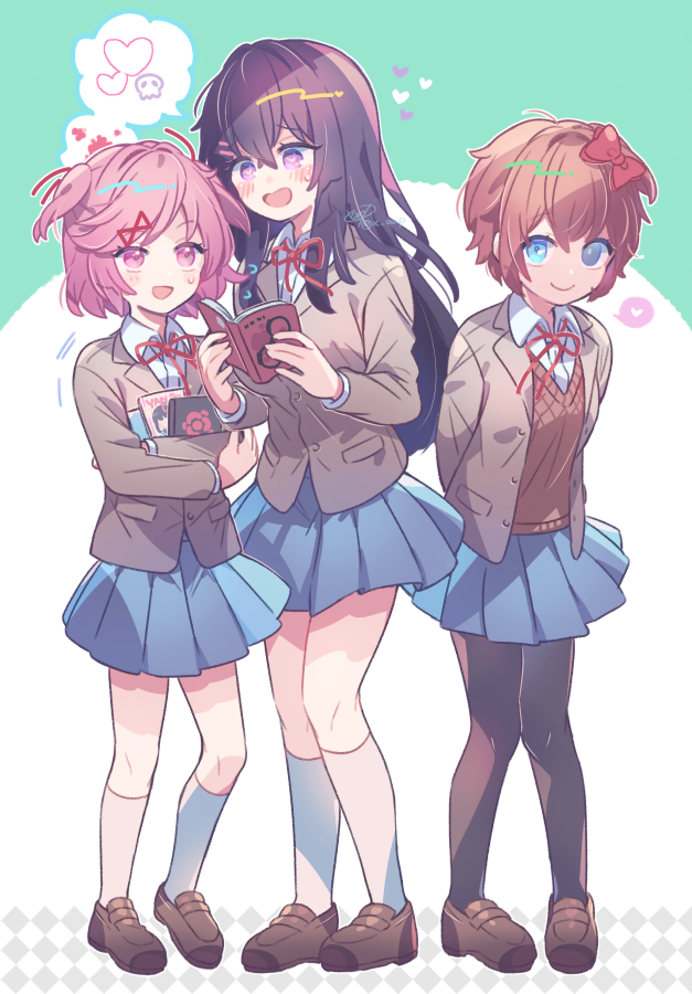 3girls, alternate_legwear, arms_behind_back, black_pantyhose, blue_eyes, blue_skirt, blush, book, brown_footwear, commentary_request, doki_doki_literature_club, full_body, grey_jacket, heart, heart-shaped_pupils, holding, holding_book, jacket, kneehighs, long_hair, looking_at_viewer, mary_janes, multiple_girls, natsuki_(doki_doki_literature_club), neck_ribbon, open_clothes, open_jacket, outline, pantyhose, pink_eyes, pink_hair, pleated_skirt, purple_eyes, purple_hair, red_ribbon, ribbon, sayori_(doki_doki_literature_club), school_uniform, shirt, shoes, short_hair, signature, simple_background, single_empty_eye, skirt, smile, socks, spoken_heart, standing, symbol-shaped_pupils, two_side_up, white_outline, white_shirt, white_socks, yuiki_yuu, yuri_(doki_doki_literature_club)
