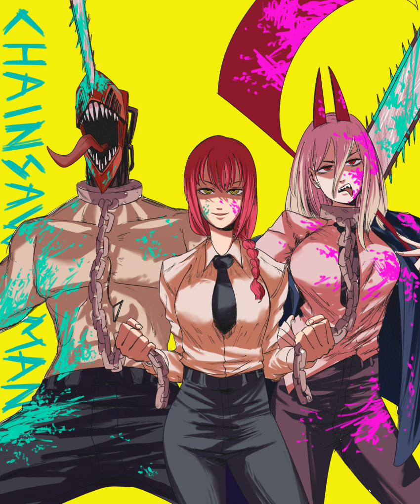 1boy, 2girls, absurdres, black_necktie, blood, blood_on_clothes, blood_on_face, blue_jacket, braid, braided_ponytail, breasts, chain, chain_leash, chainsaw, chainsaw_man, collared_shirt, denji_(chainsaw_man), faceless, faceless_male, hair_between_eyes, highres, holding, holding_leash, holding_scythe, holding_weapon, horns, jacket, large_breasts, leash, long_hair, looking_at_viewer, makima_(chainsaw_man), multiple_girls, necktie, open_mouth, pink_hair, power_(chainsaw_man), red_eyes, red_hair, red_horns, scythe, sharp_teeth, shirt, sidelocks, simple_background, smile, stylized_blood, teeth, tina_fate, tongue, topless_female, topless_male, weapon, white_shirt, yellow_background, yellow_eyes