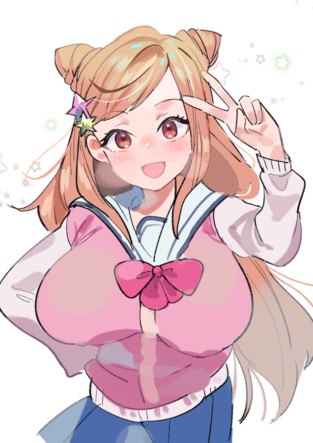 1girl, asobe_iroha, blue_skirt, blush, bow, bowtie, breasts, cardigan, collared_shirt, drill_hair, hair_ornament, hand_on_own_hip, large_breasts, long_hair, long_sleeves, looking_at_viewer, magicami, orange_eyes, orange_hair, pink_cardigan, saidasai, sailor_collar, school_uniform, shirt, sidelocks, skirt, smile, twin_drills, v, white_shirt