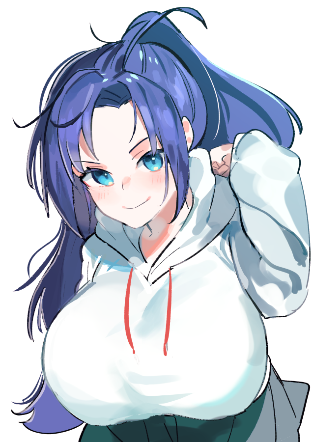 1girl, ahoge, blue_eyes, blue_hair, blush, breasts, grey_skirt, hand_up