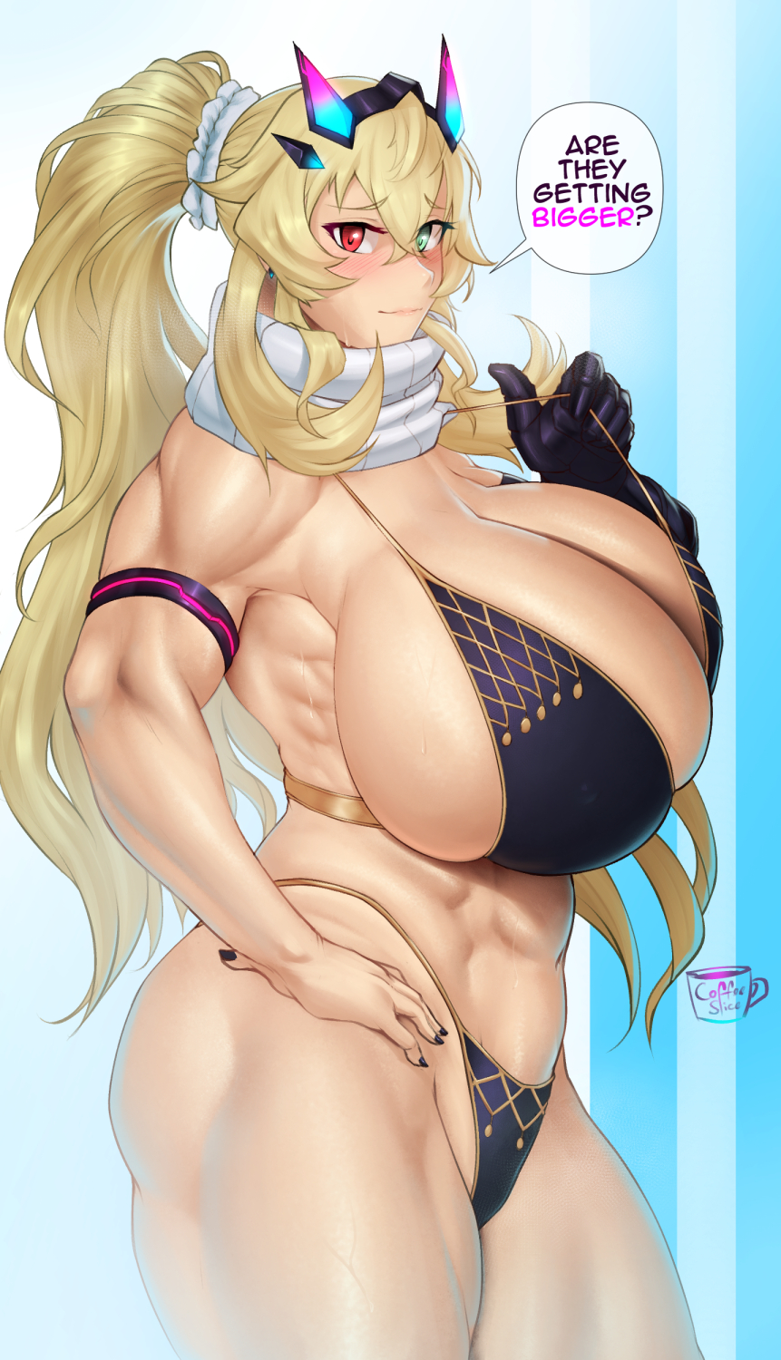 1girl, barghest_(fate), barghest_(ice_warrior)_(fate), bikini, black_bikini, black_gloves, black_nails, blonde_hair, breasts, coffeeslice, cowboy_shot, english_text, fairy_knight_gawain_(ice_warrior)_(fate), fate/grand_order, fate_(series), from_side, gauntlets, gloves, green_eyes, heterochromia, highres, huge_breasts, long_hair, muscular, muscular_female, nail_polish, navel, ponytail, red_eyes, scarf, single_glove, solo, speech_bubble, standing, strap_pull, swimsuit, very_long_hair, white_scarf