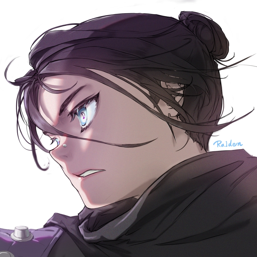 1girl, animification, apex_legends, black_hair, black_scarf, blue_eyes, chinese_clothes, clenched_teeth