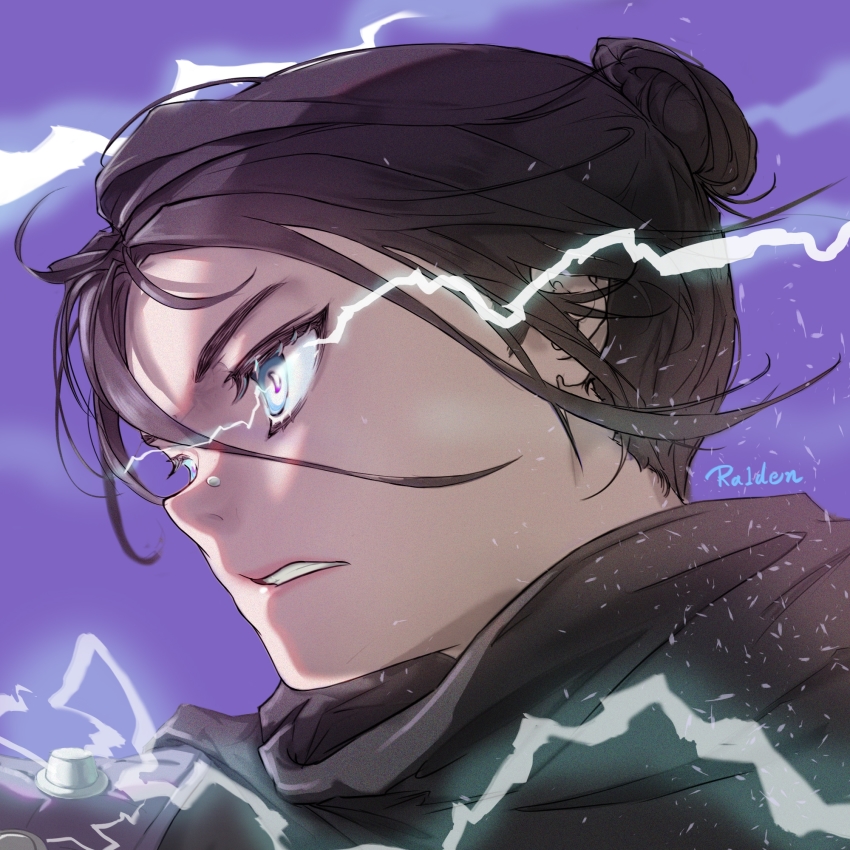 1girl, animification, apex_legends, black_hair, black_scarf, blue_eyes, chinese_clothes, clenched_teeth, electricity, face_piercing, floating_hair, from_side, hair_between_eyes, highres, looking_ahead, mou_kexue_de_yi_dali_pao, nose_piercing, parted_bangs, parted_lips, piercing, purple_background, scarf, solo, teeth, wraith_(apex_legends)