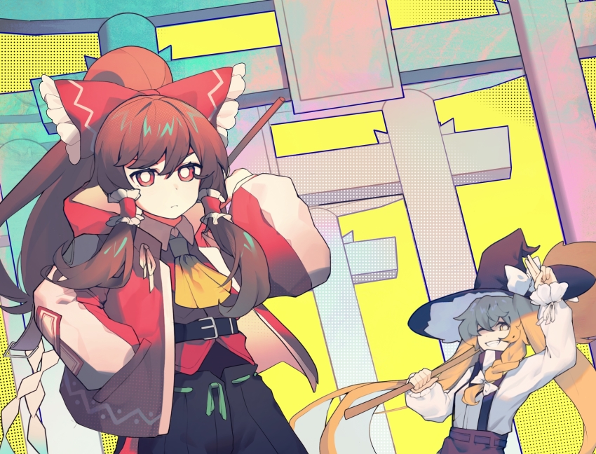 2girls, ;d, absurdres, adapted_costume, baojiang_tuzhi, belt, belt_buckle, black_belt, black_headwear, black_pants, blonde_hair, bow, braid, bright_pupils, broom, brown_hair, buckle, closed_mouth, collared_shirt, frilled_bow, frilled_hair_tubes, frills, frown, gohei, green_ribbon, grin, hair_between_eyes, hair_bow, hair_tubes, hakurei_reimu, hand_in_pocket, hand_up, hat, hat_bow, highres, holding, holding_broom, holding_gohei, hood, hood_down, hooded_jacket, jacket, kirisame_marisa, long_hair, long_sleeves, multicolored_jacket, multiple_girls, one_eye_closed, open_mouth, pants, ponytail, red_bow, red_eyes, red_jacket, red_shirt, ribbon, salute, shirt, sidelocks, single_braid, smile, suspenders, teeth, torii, touhou, two-finger_salute, two-tone_jacket, very_long_hair, white_bow, white_jacket, white_pupils, white_ribbon, white_shirt, witch_hat, yellow_eyes