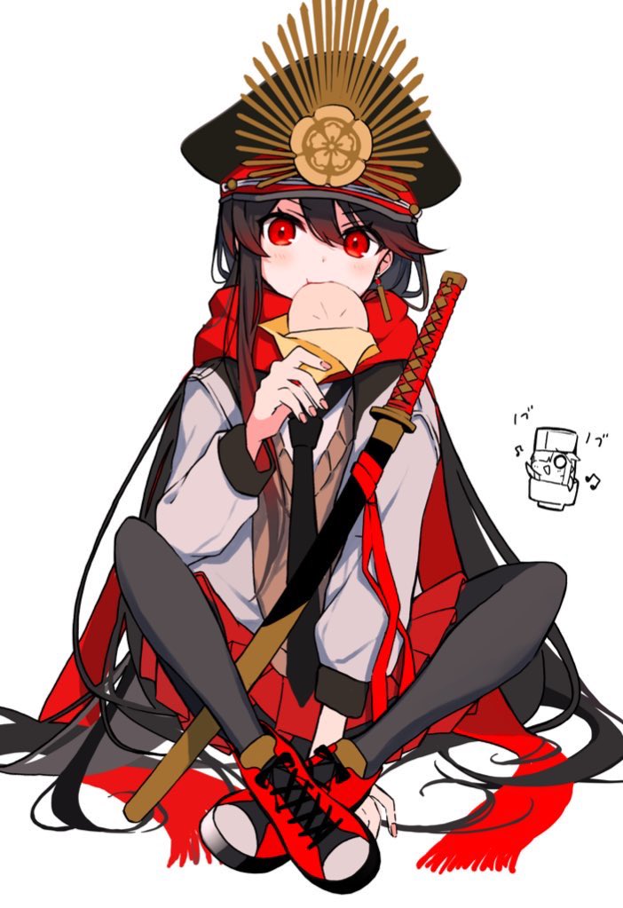 1girl, black_hair, black_necktie, black_pantyhose, commentary_request, eating, fate/grand_order, fate_(series), food, full_body, hat, indian_style, jacket, katana, long_hair, long_sleeves, looking_at_viewer, nail_polish, necktie, oda_nobunaga_(fate), oda_uri, pantyhose, peaked_cap, pink_nails, red_eyes, red_scarf, red_shoes, red_skirt, scarf, shoes, simple_background, sitting, skirt, sneakers, solo, steamed_bun, sweater_vest, sword, very_long_hair, weapon, white_background, yui_(tamagohan)
