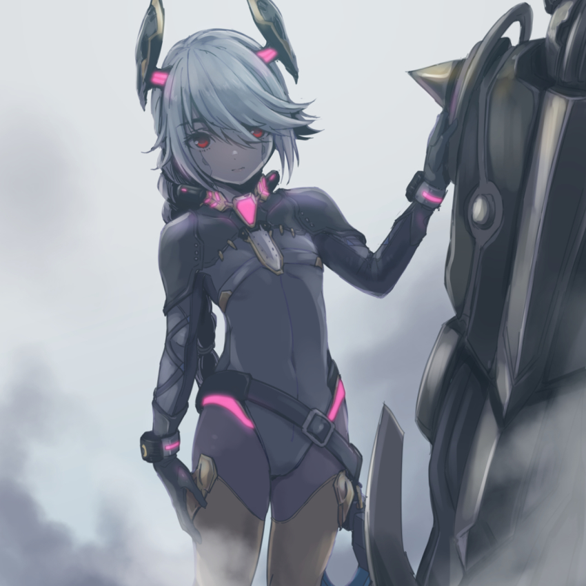 1girl, bodysuit, braid, colored_skin, covered_navel, flat_chest, fog, grey_hair