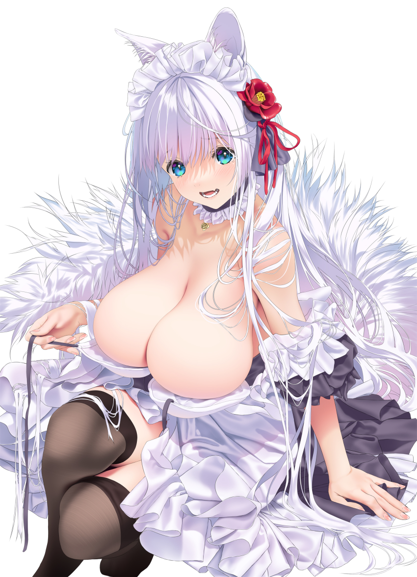 absurdres, animal_ear_fluff, animal_ears, apron, bare_shoulders, blue_eyes, bow_hairband, breasts