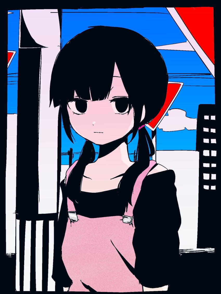 1girl, asahina_hiyori, asymmetrical_bangs, black_eyes, black_hair, black_shirt, blue_sky, blunt_bangs