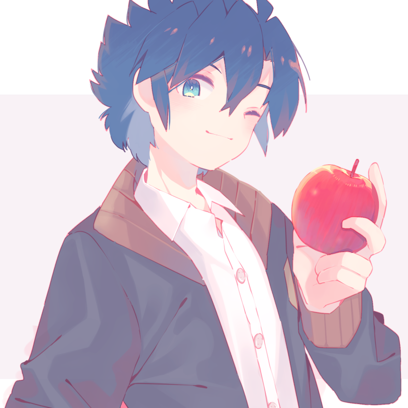 1boy, 2y_(tsuyu), apple, blue_eyes, blue_hair, collared_shirt, crossbone_gundam, food, fruit, grey_background, gundam, hair_between_eyes, holding, holding_food, holding_fruit, kincade_nau, male_focus, one_eye_closed, shirt, smile, solo, white_shirt
