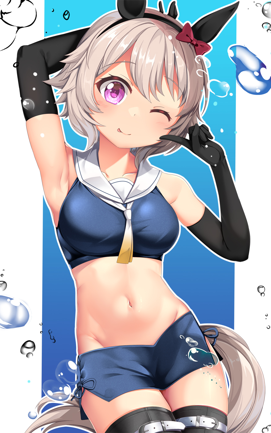 1girl, animal_ears, black_gloves, black_hairband, black_thighhighs, blue_skirt, closed_mouth, collarbone, cosplay, cowboy_shot, crop_top, curren_chan_(umamusume), elbow_gloves, gloves, groin, hairband, highres, horse_ears, horse_girl, horse_tail, i-201_(kancolle), i-201_(kancolle)_(cosplay), kantai_collection, navel, neckerchief, one_eye_closed, purple_eyes, sailor_collar, short_hair, skirt, smile, solo, tail, thighhighs, tongue, tongue_out, umamusume, water_drop, white_hair, white_sailor_collar, yasume_yukito